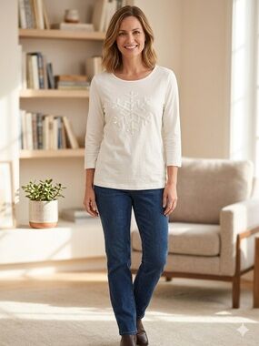 Coldwater Creek Cream 3/4 Sleeve Top with Sequins Snowflake size Small